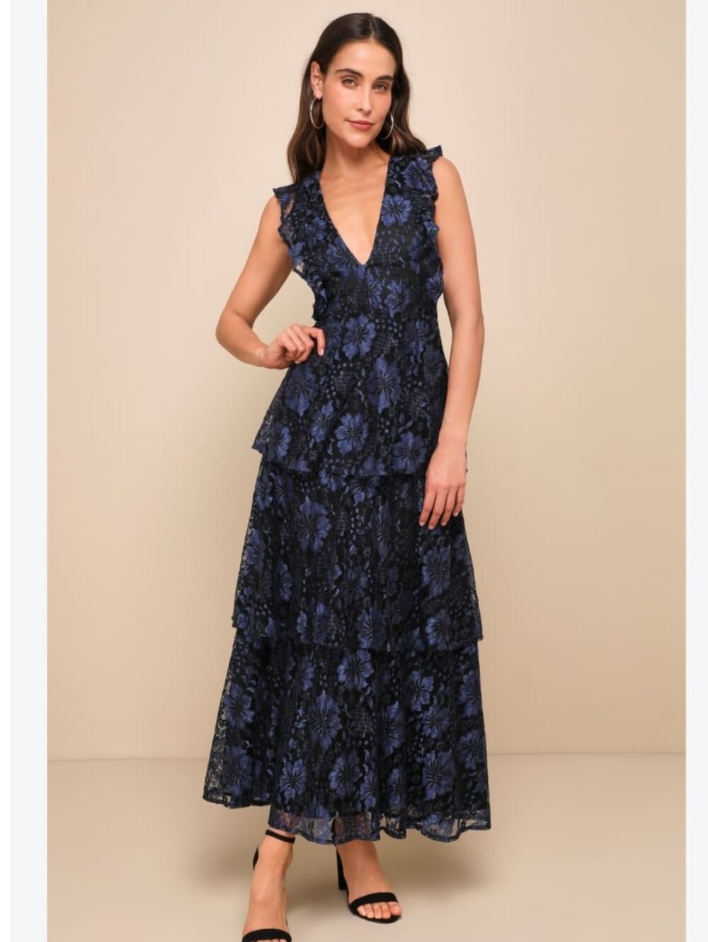Lulu's Molinetto Navy Blue Lace Ruffled Maxi Dress